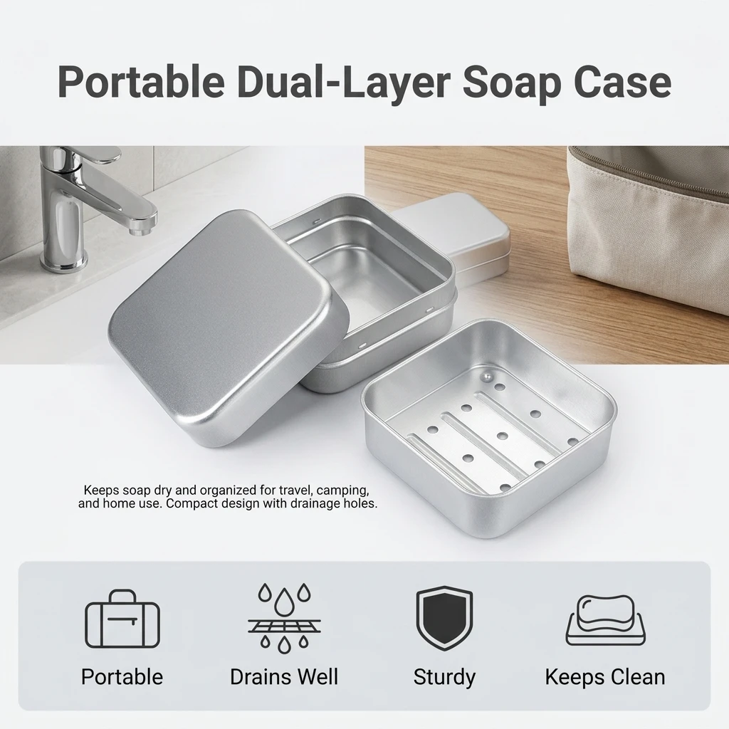 Travel Soap Case Aluminum Soap Box Double Layer Draining Holder Portable Rectangular Dish for Camping Hotel Bathroom Gear