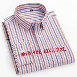 New 100% Pure Cotton Oxford Men's Shirt Long Sleeve Striped Regular Fit Casual Dress Shirts Soft Male Blouse Clothing 11XL 10XL