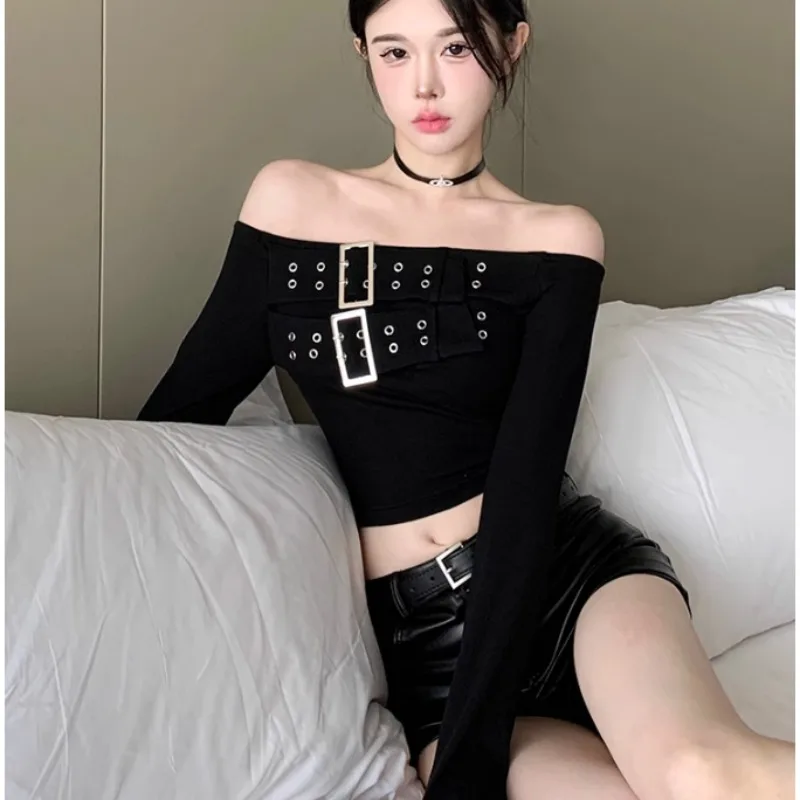 

Blouse T-shirt Undershirt Women's Spring/Autumn Off-the-shoulder Long Sleeves Metal Buttons Cropped Fitted New Luxurious Elegant