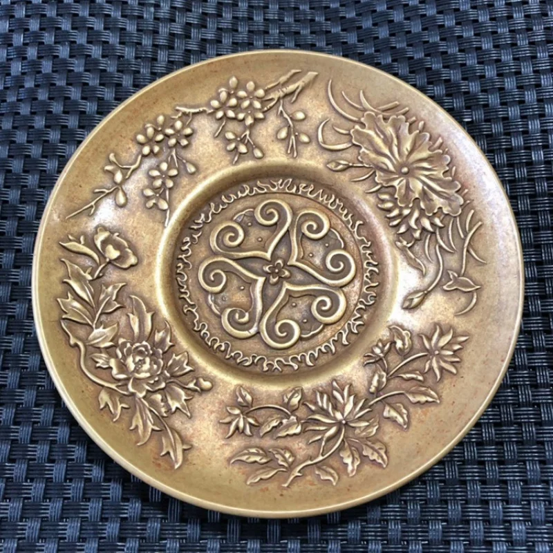 

Brass Plate Small Ornaments Solid Copper Antique Miniature Carved Four Seasons Ruyi Flower Copper Dish Copper Ware Tribute Plate