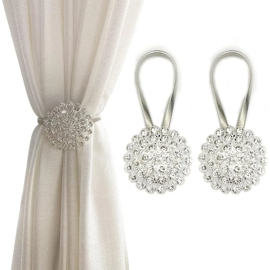 

Магнитные подхваты для штор, комплект из 2 шт., подхваты для штор со сверкающими хрустальными цветами, зажимы для пряжек для штор с высокоэластичной пружиной Wi