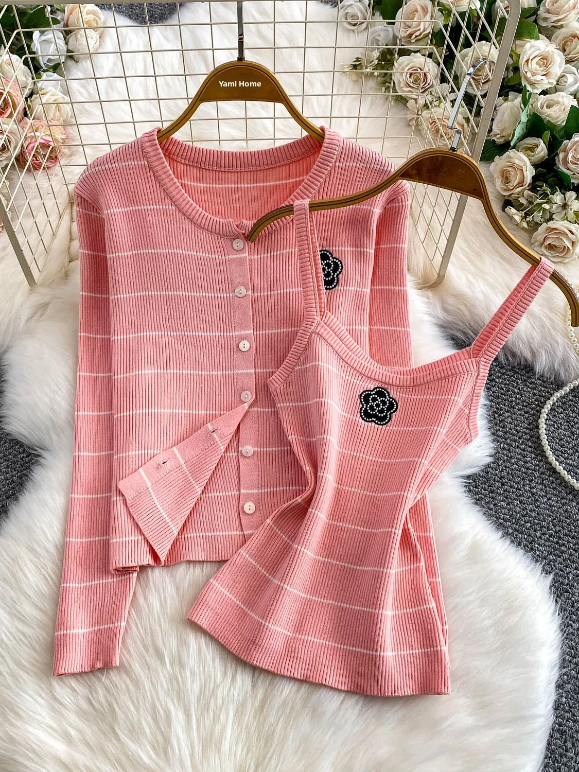 Autumn Winter Tea Rose Knitted Cardigan Sweater Contrast Color Stripe Set Cute ort Girl Summer Casual Faion Women's Wear