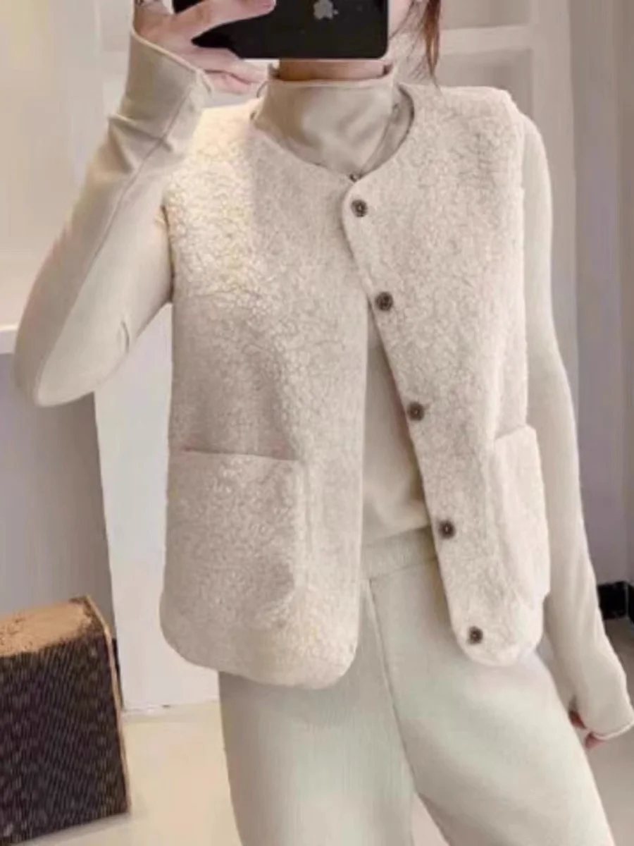 

Женский жилет из овечьей шерсти, свободный, простой, повседневный, универсальный, бежевый, верхняя одежда, осенне-зимний, модный, женский жакет-пальто