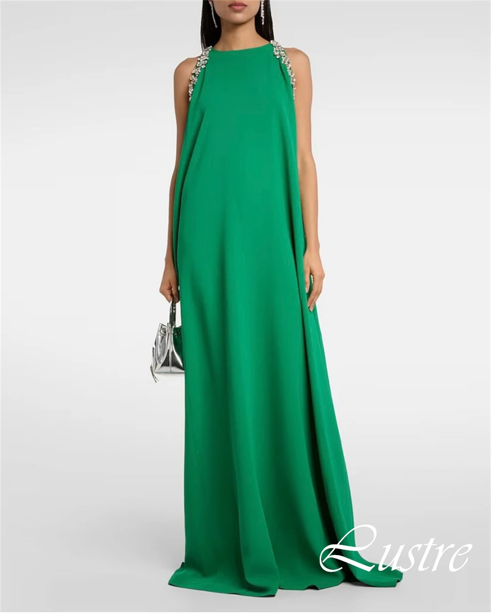 Customized Crew Neck Sleeveless Cocktail Dress Straight Floor Length Modern Evening Dress Crystal Green Delicate Prom Dress