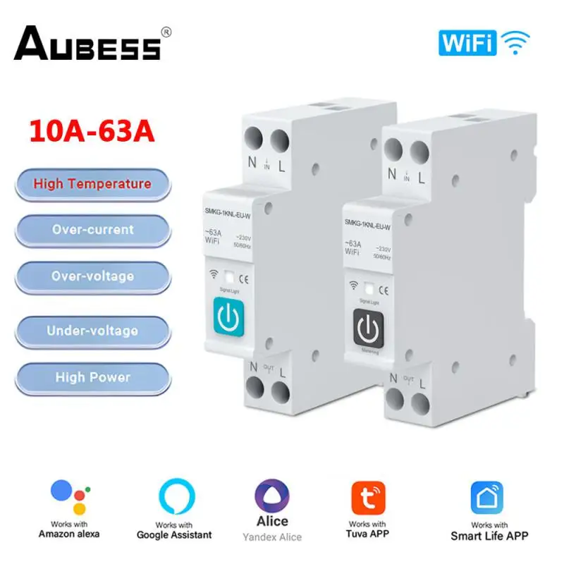 Tuya WIFI Smart Circuit Breaker No Metering 1P 10A-63A Rail DIN For Smart Home Control Work With Alexa Google Home Yandex