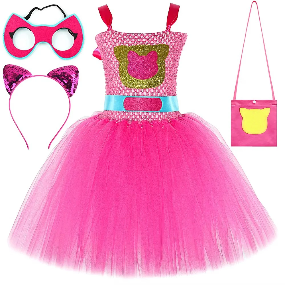 4 Colors Kitty Costume for Girls Cat Tutu Dress Kids Halloween Birthday Animal Dress Up Outfit with Mask Ear Headband & Bag
