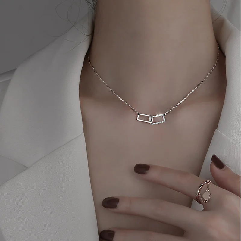 New S925 Sterling Silver Geometric Necklace Shiny Rectangle Pendant Zircon Zirconia Necklace for Girls Fine Jewelry Wholesale