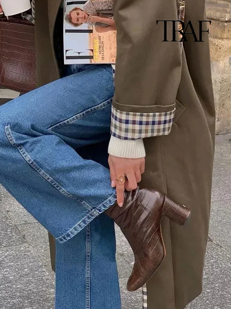 معطف نسائي طويل خريفي وشتوي بأكمام طويلة بأكمام طويلة ذات صدر واحد بأكمام طويلة معطف فضفاض بلون واحد بسيط من الشارع