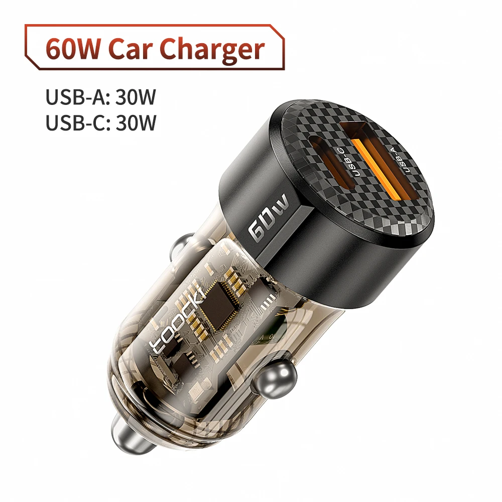 Toocki 60W Car Phone Charger USB Type C QC3.0 FCP PD27W PPS 25W Fast Car Charger for iPhone Samsung Xiaomi Huawei Redmi Honor