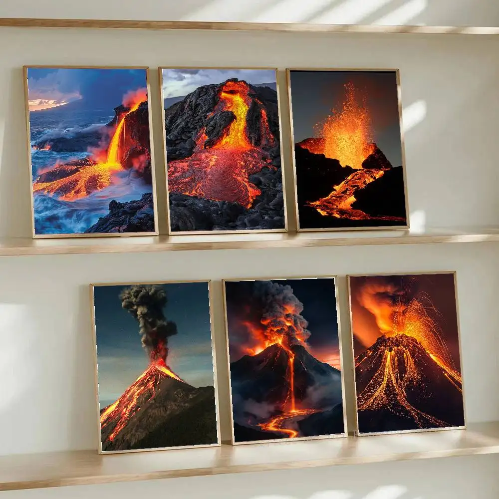 Vulkaneruption-Poster, Wohnzimmer, Bar, Café, hochwertige Leinwand, Vintage-Stil, Comics, Malerei, Kunst, Heimwanddekoration, Bild