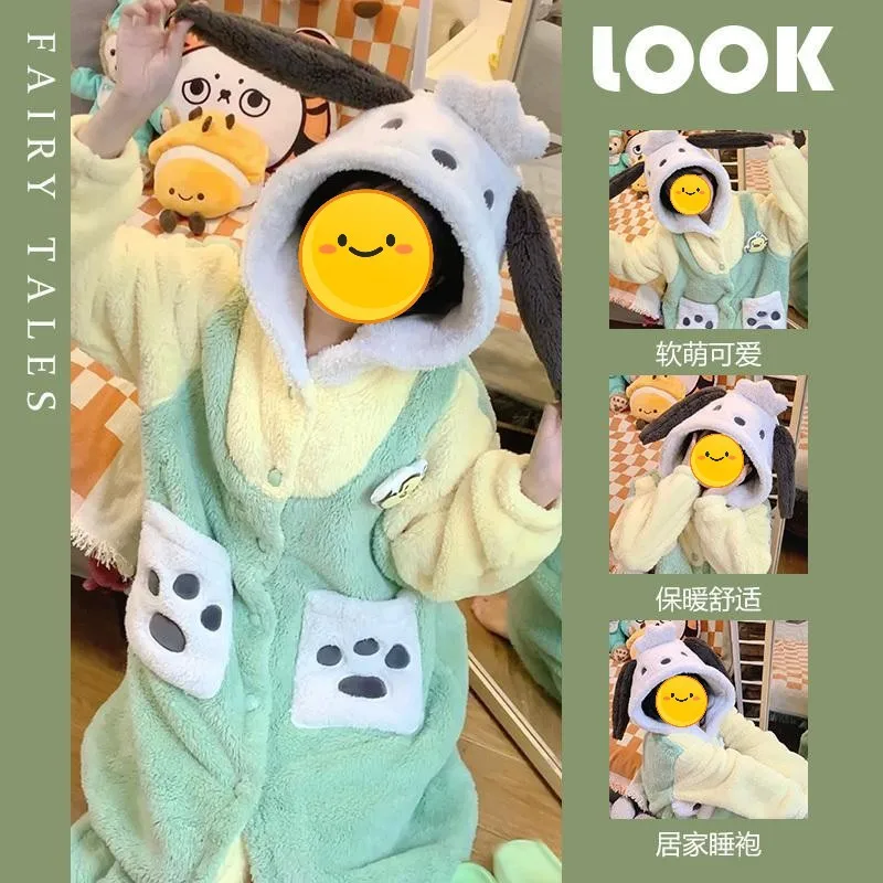 New Anime Pochacco Sanrio Kawaii Plush Pajama New Cute Winter Thickened Flannel Warm Homelike Hooded Bathrobe Set Birthday Gift