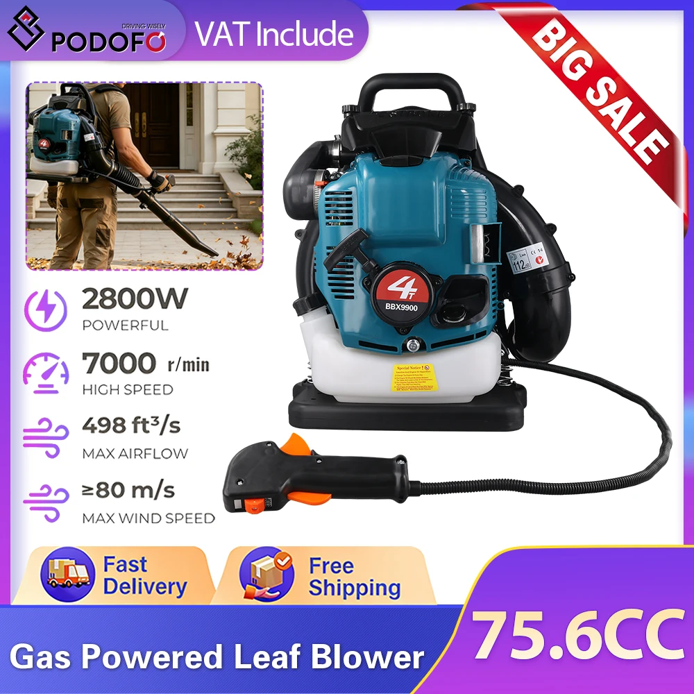 Souffleur à dos thermique et électrique Podofo 2,8 kW 75,6 cm³ 7000 tr/min 4 temps avec réservoir de 1,9 L pour le nettoyage des feuilles et de la neige sur les routes