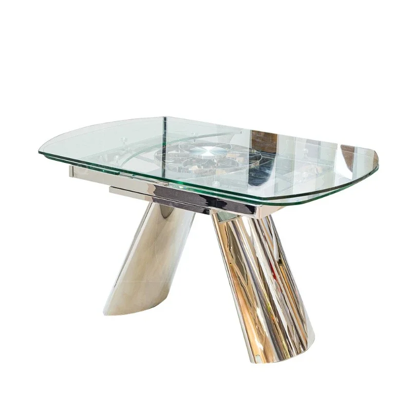 Modern light luxury tempered glass rotating telescopic function dining table designer restaurant household stainless steel