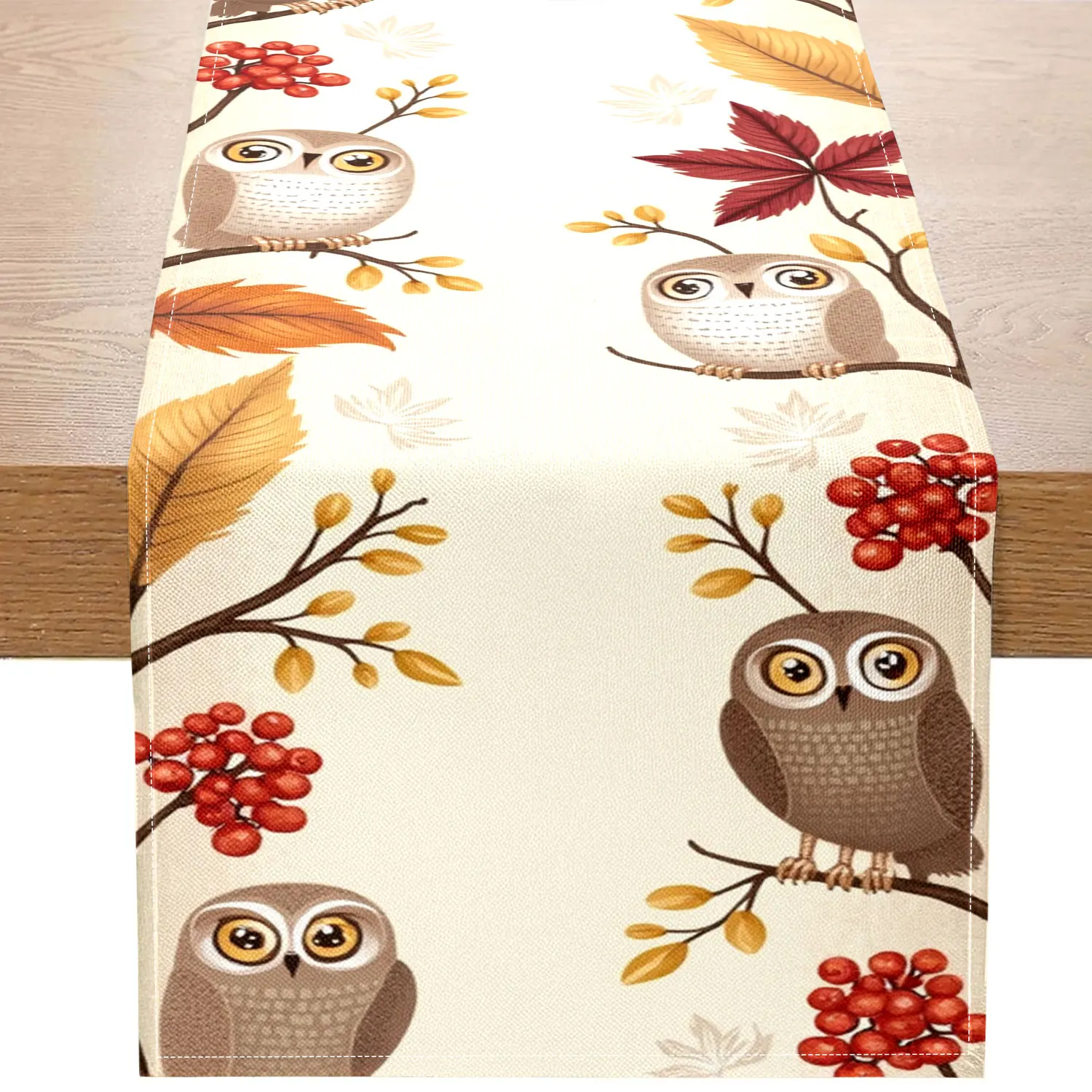 1 Piece of Autumn Owl-Themed Table Runner, Decorated with Owls, Autumn Leaves, and Red Berries, Suitable for Autumn and Natural-Style Decoration