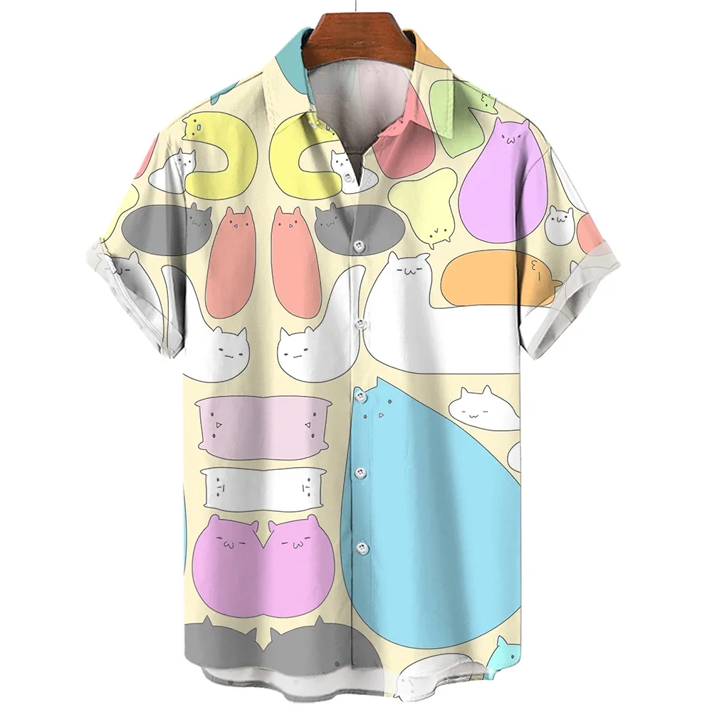 2023 3d Lapel Hawaiian Shirt Man Casual Short Sleeve Anime Shirts Cartoon Men\'s Shirt Summer Men Clothes Street Retro Animal Cat