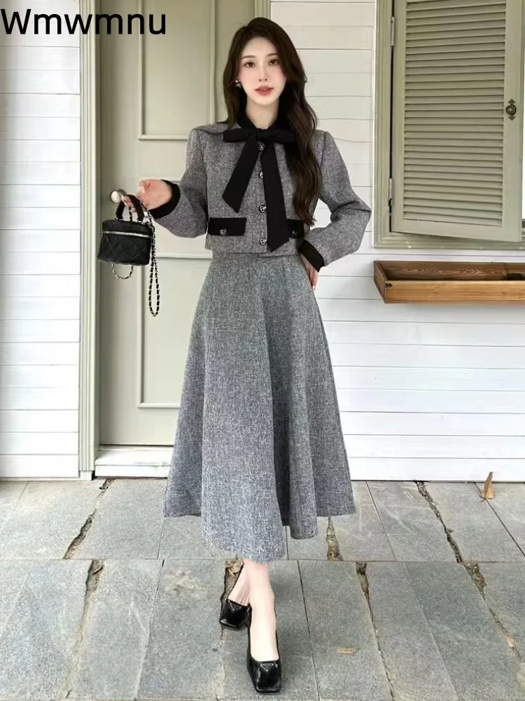 

Элегантный женский повседневный мешковатый модный комплект Conjuntos с бантом в стиле пэчворк, комплект из 2 предметов, прямая свободная юбка с высокой талией, ансамбли