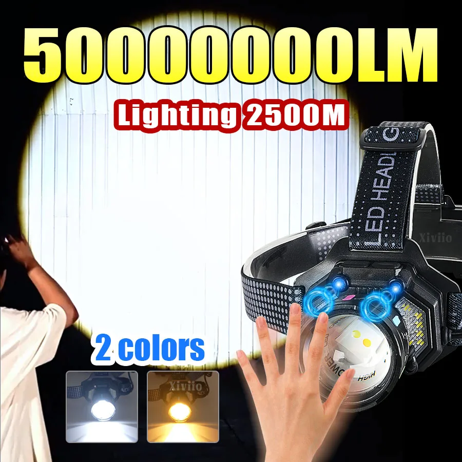 

5000000LM Самый мощный налобный фонарь Мощный светодиодный налобный фонарик Водонепроницаемый налобный передний фонарь Перезаряжаемый налобный фонарь для рыбалки