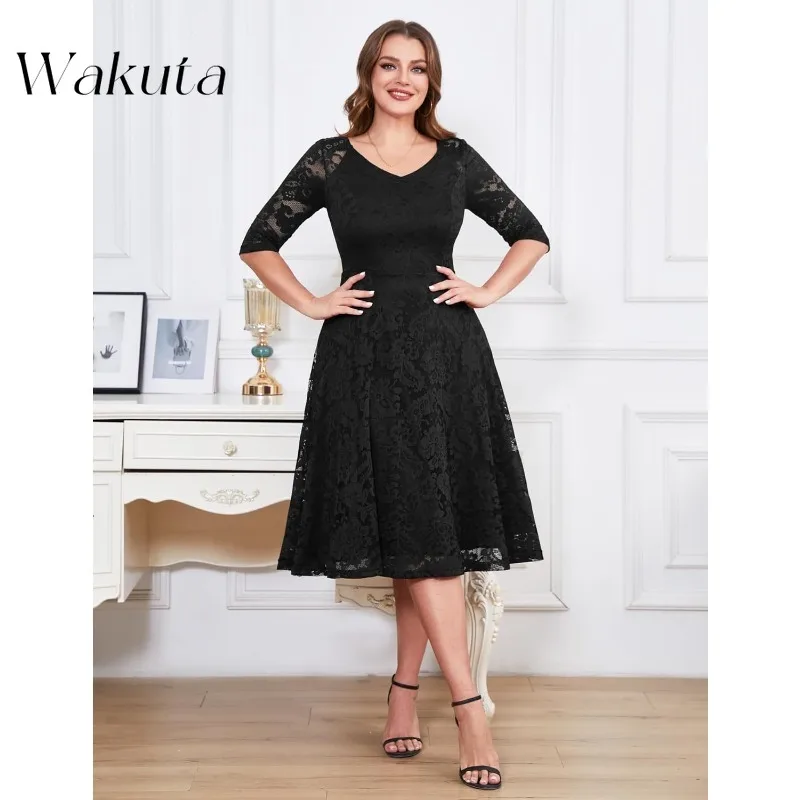 Wakuta Womens Long-Sleeve A-Line Lace Homecoming Bridesmaid Midi Dresses Wedding Guest Formal Party Dresses Mother of The Groom