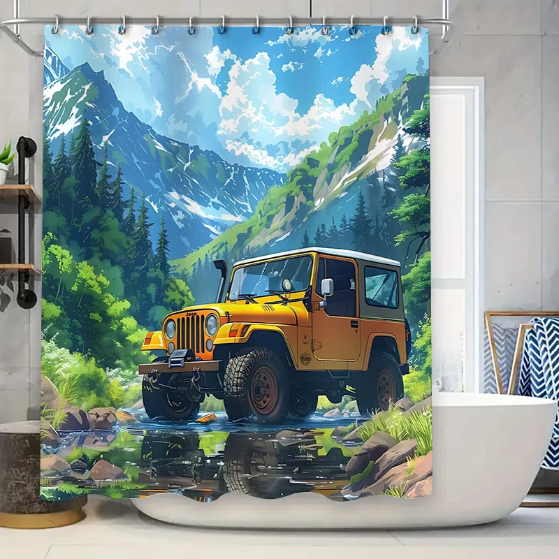 

Модный водонепроницаемый комплект штор для ванной комнаты с принтом Jeep Mountain Adventure и крючками для декора ванны, бесплатный крючок