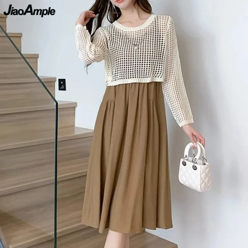 Women Spring Autumn Hollow Out Knit T Shirts Sling Dress 1 or Two Piece Set Korean Casual Tops Camisole Dresses Outfits Female