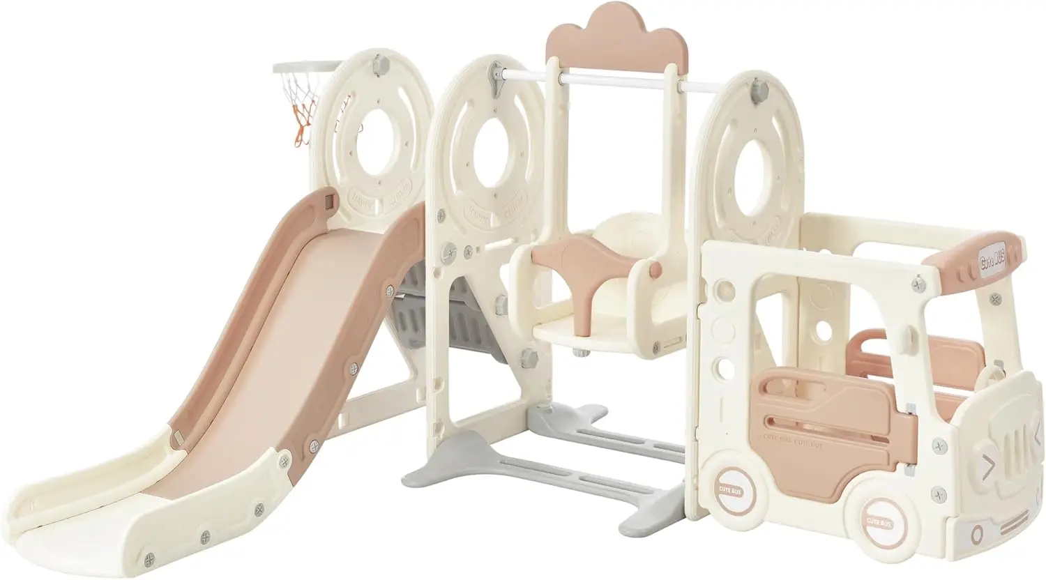 5-in-1 Kids Slide with Swing, Indoor Baby Slide Swing Set with Basketball Hoop, Climber & Bus Playhouse, Outdoor Slide Playset f