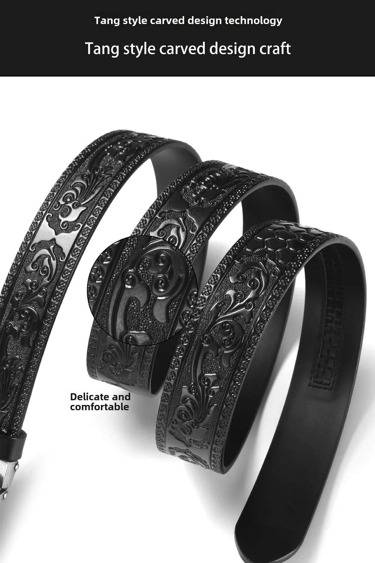3,5 cm Beliebter chinesischer Loong-Gürtel aus Metalllegierung mit automatischer Schnalle, luxuriöser Herren-Gürtel aus echtem Leder, Retro-Gürtel mit geschnitzten Blumen – Detail 2