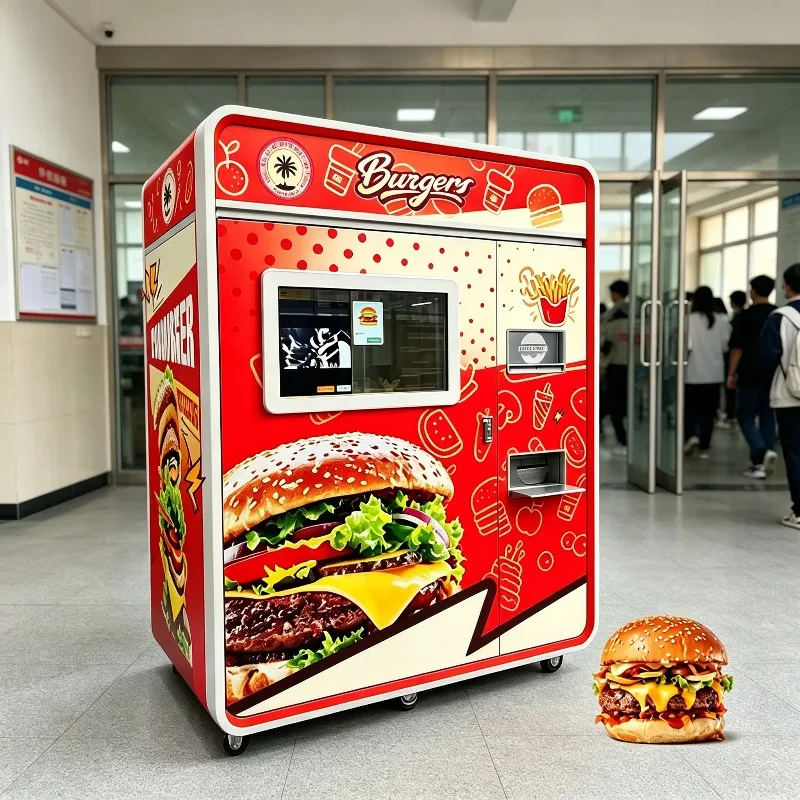 Commercial unattended hot food vending machines, automatically heated hamburger vending equipment for catering items
