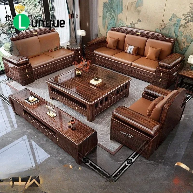 New Chinese Style Ebony Solid Wood Sofa Corner Storage Furniture for Apartment Villa Living Room Winter Summer Dual Use