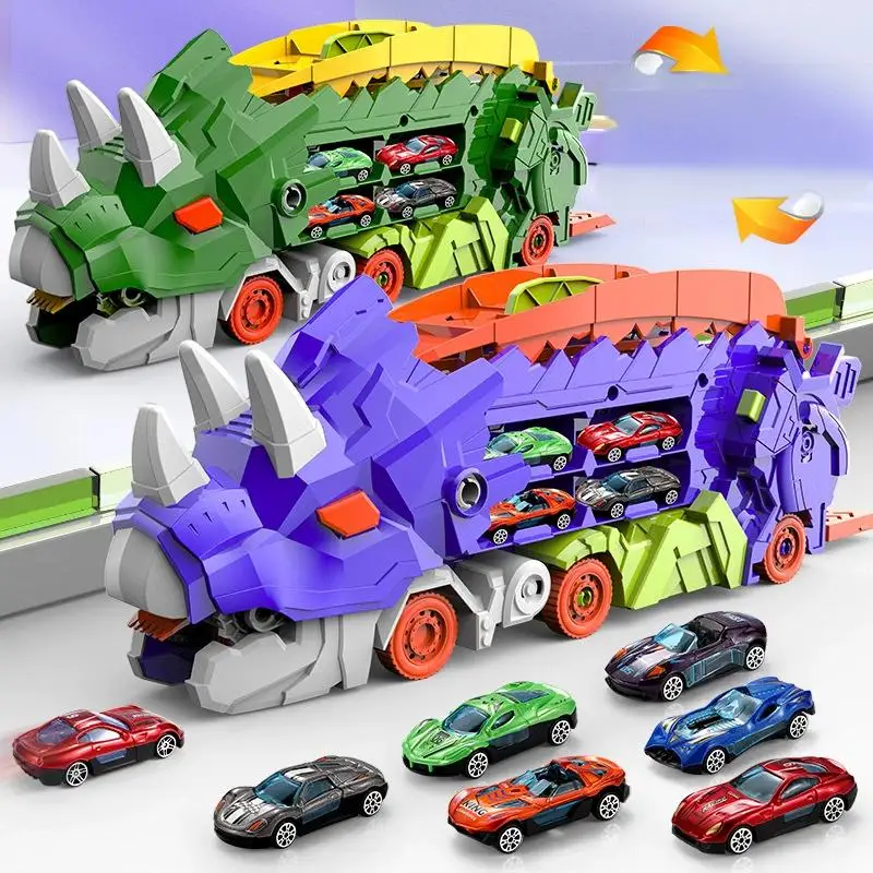 Dinosauro per bambini che lancia auto giocattolo triceratopo pista scorrevole deformazione in lega Tyrannosaurus Rex gioca modello di veicolo