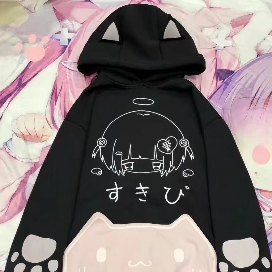 Kawaii Oor Hoodie Vrouwen Y2K Esthetische Losse Japanse Cartoon Print Casual Sweatshirt Pocket Herfst Streetwear Gothic Harajuku