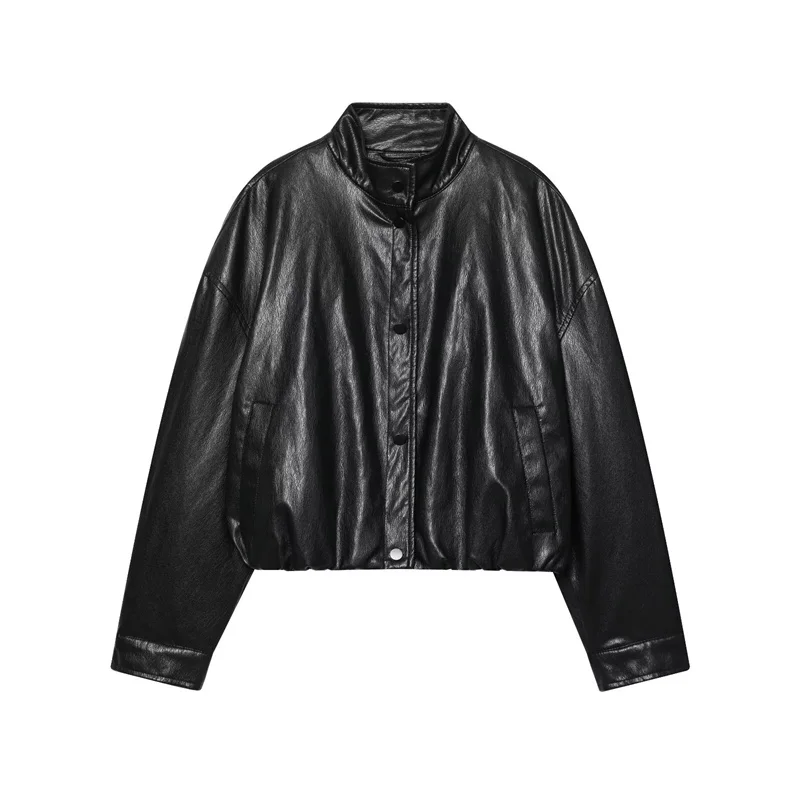 

Женское пальто, осень 2023, новый стиль, черная куртка-пилот из искусственной кожи с длинным рукавом и высоким воротом, мотоциклетный стиль, повседневная мода