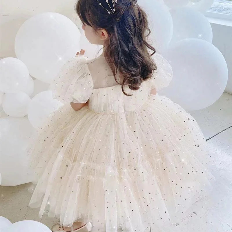 Girls Princess Tulle  Dresses Children Elegant Party Puff Sleeve Vestidos Kids Comfortable Mesh Dress 2-10 Years Old