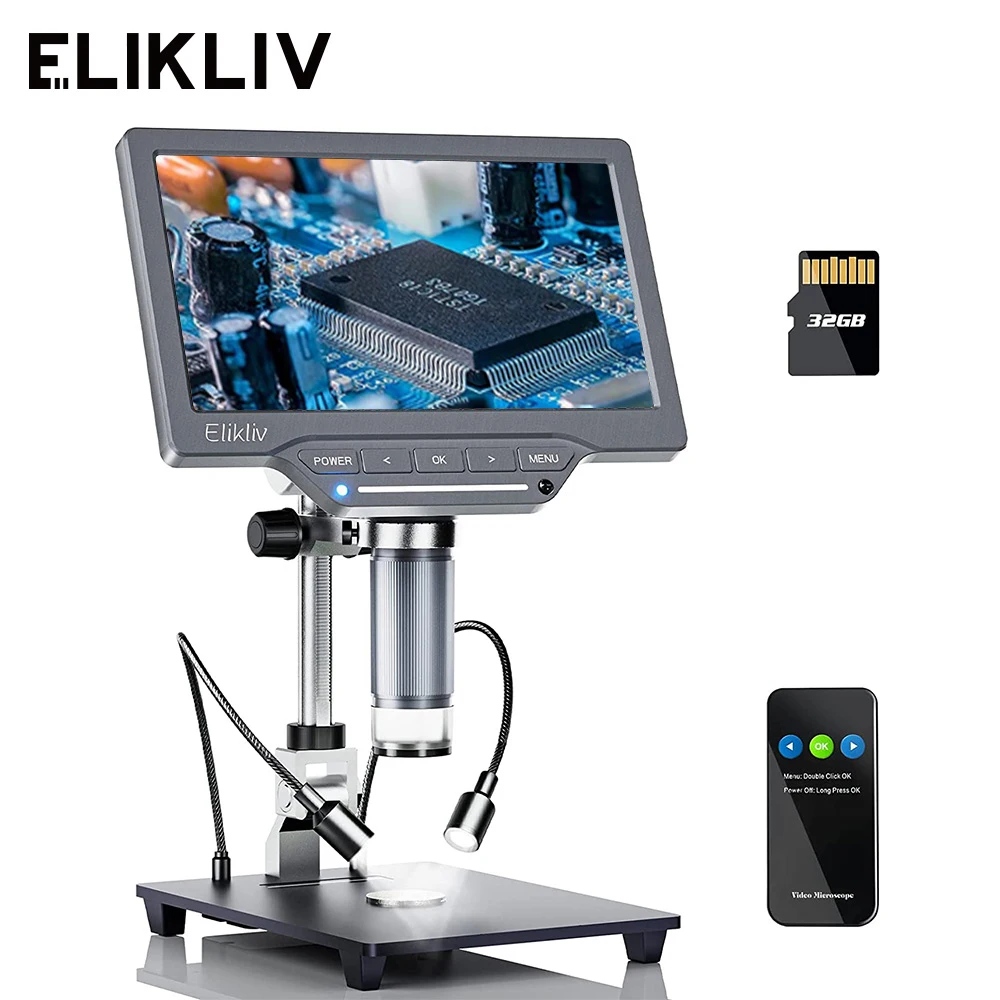 Цифровой микроскоп Elikliv EDM201 SE, ювелирный микроскоп с 10 ''подставкой, 12 Мп, для ремонта электроники и пайки, 1200X, 7 дюймов