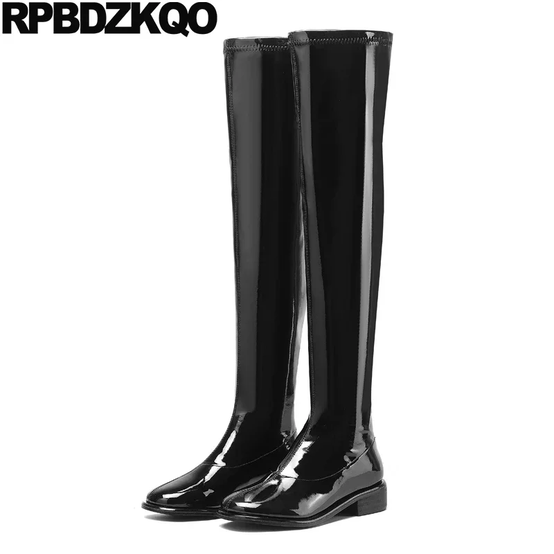 High Quality Over The Knee Slip On Tall Flat Shoes Thigh Boots For Plus Size Women European 13 45 Patent Leather Y2K Genuine New