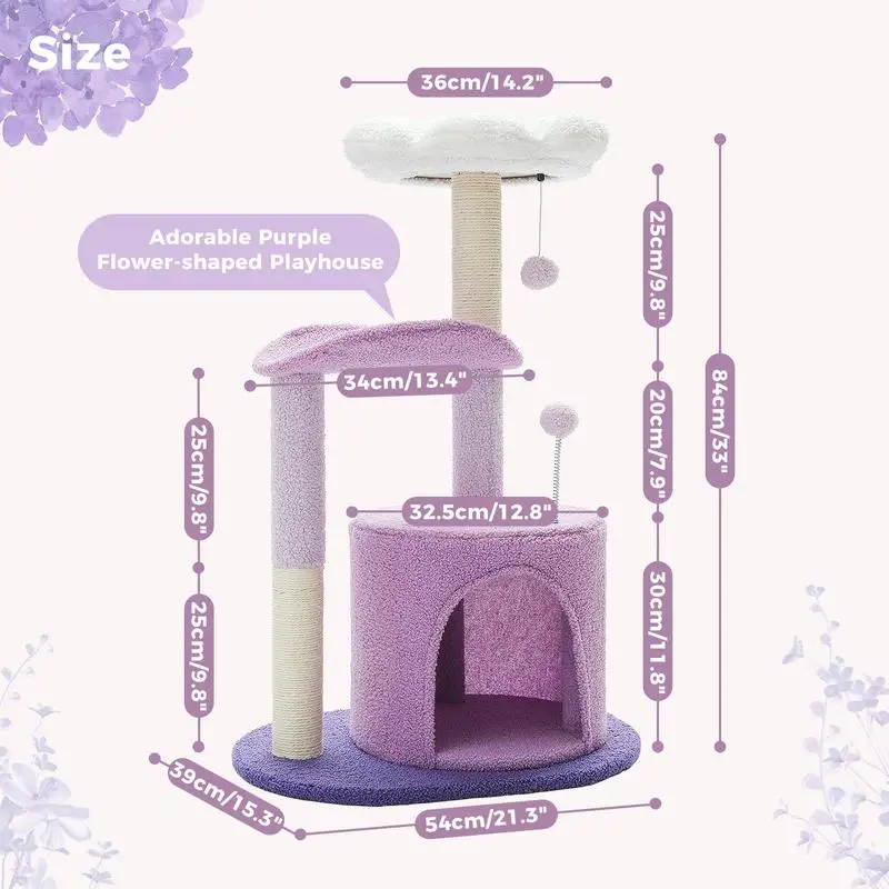 at Tree,32 Inches Purple Flower Cat Tower with Sisal Covered Scratchiny Condo, Plush Perches, and Fluffy Balls for Indoor Cats