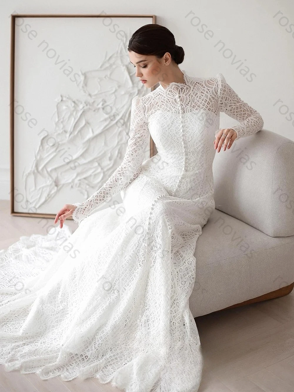 Vestido de casamento de alta qualidade, charmoso, mangas compridas, gola alta, trem personalizado, vestido de noiva saudita para mulheres, noiva, recém-chegado