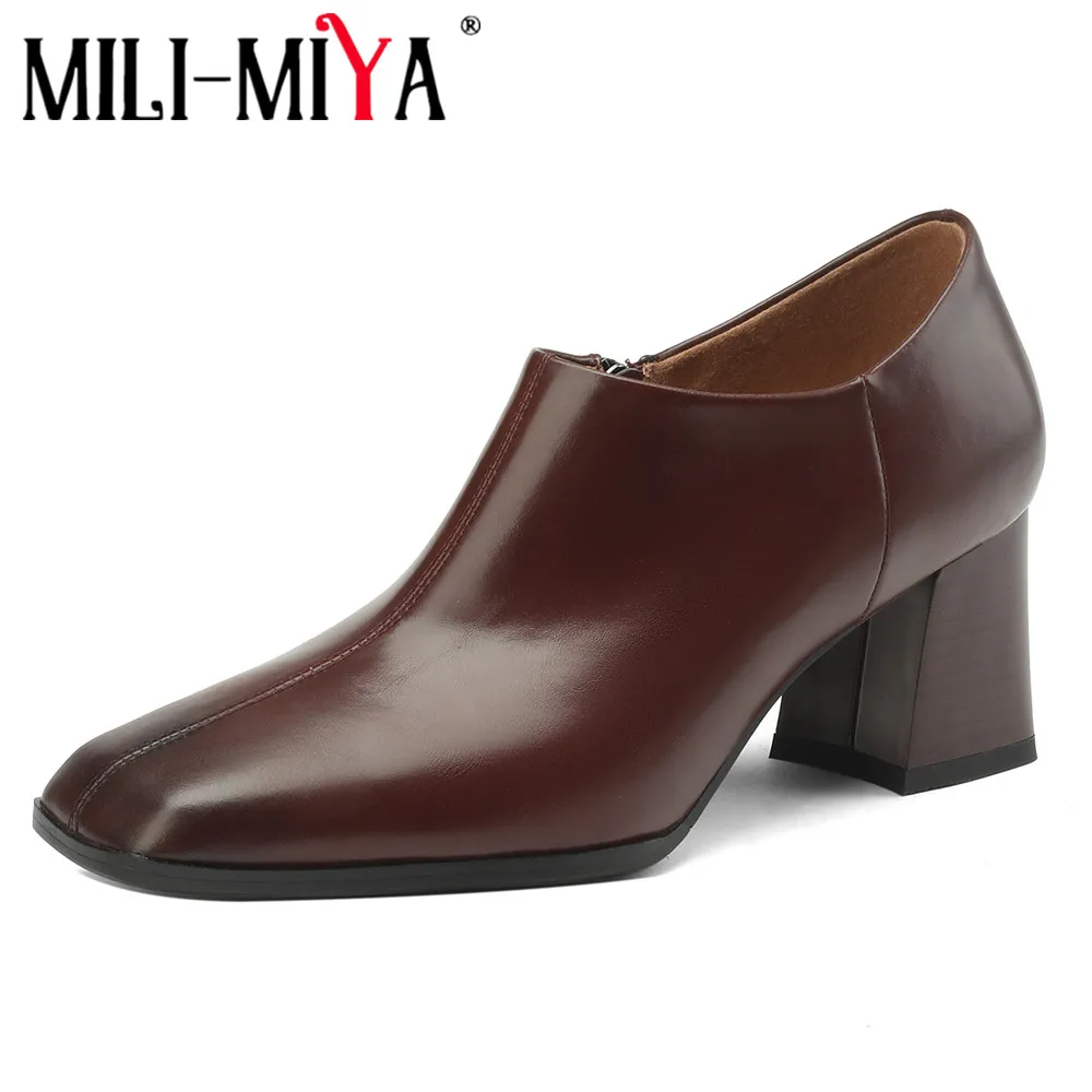 

MILI-MIYA New Arrival Concise Solid Color Women Full Genuine Leather Pumps Zippers Thick Heels Round Toe Office Career Shoes