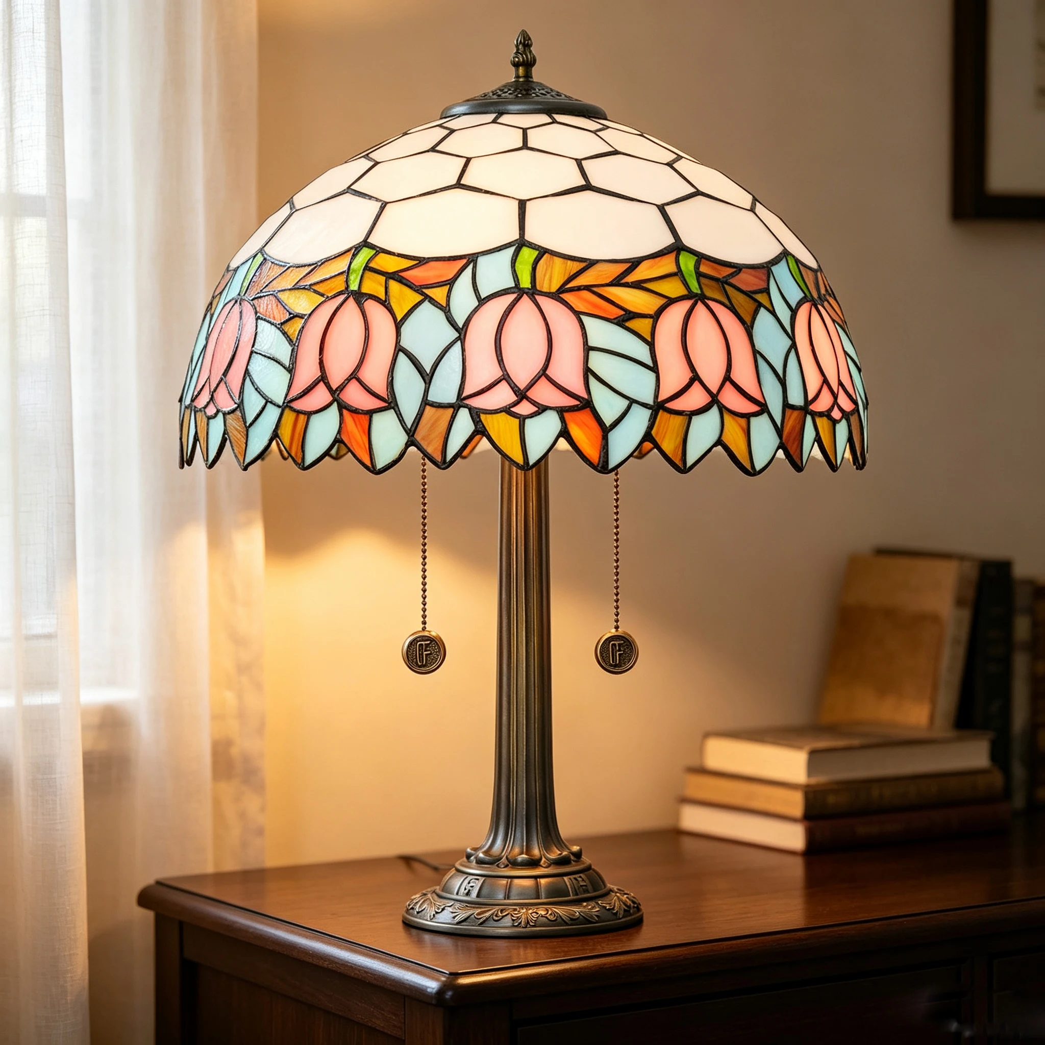 Tiffany Style Table Lamp 16 inch Pink Tulip Stained Glass Lamp for Living Room Dining Room Antique Bedside Light Decor for Home