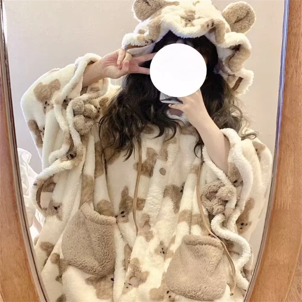 Cute Bear Blanket Brown Color Plush Pajamas Anime Cloak For Home Halloween Cloak For Adults Winter Ponchos Women Hooded Cape