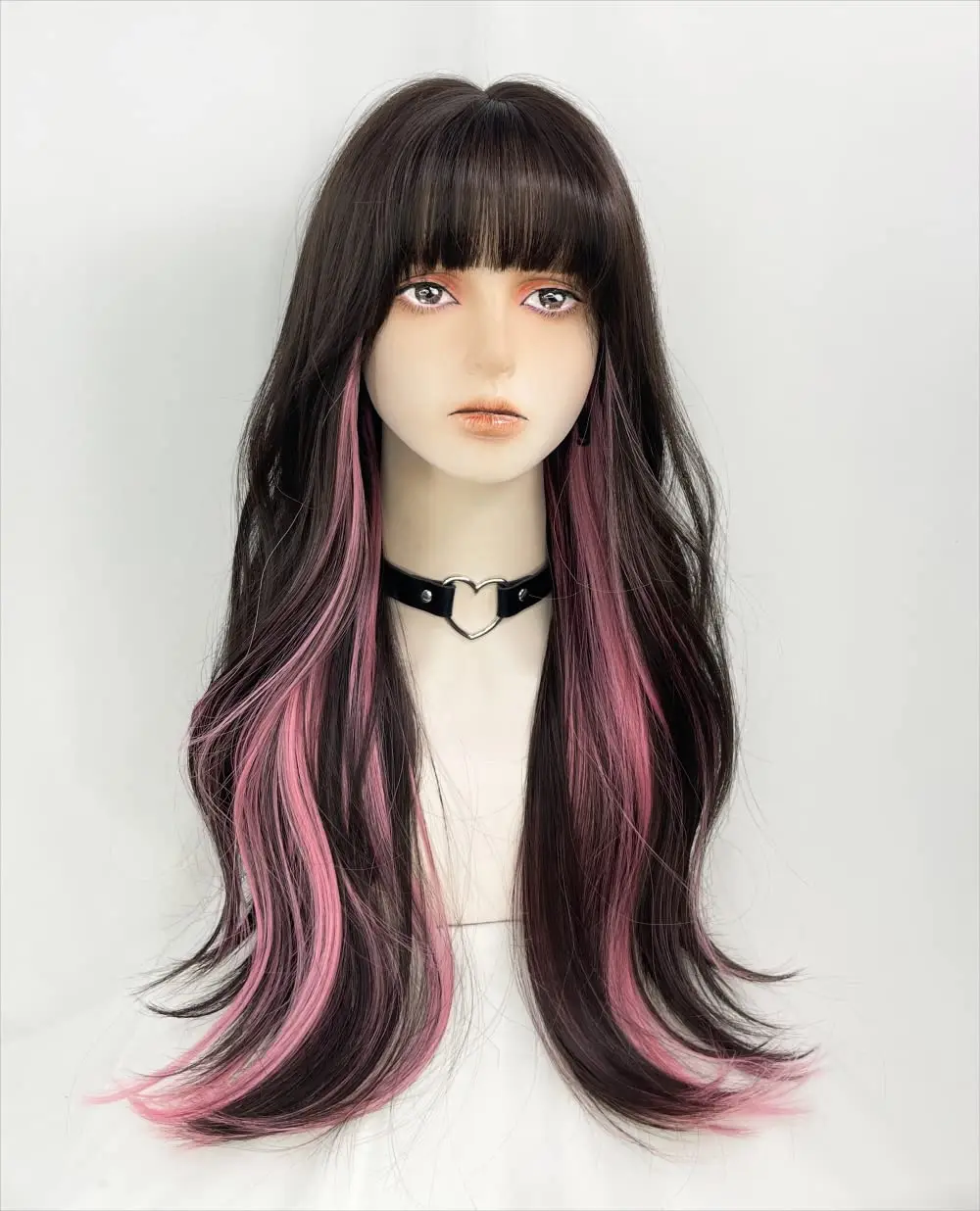 

Women's Long Wavy Wig with Bangs Fiber Synthetic Curly Hair Wig Girls Daily Use Colorful Wig (Black+Brown+Pink)