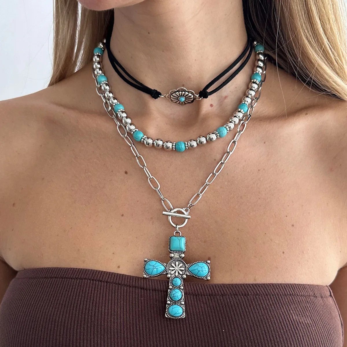 

SHIXIN 3 Pcs/Set Ethnic Jesus Cross Pendant Necklace Women Vintage Blue Beaded Choker Necklace 2026 Female Fashion Jewelry Gifts