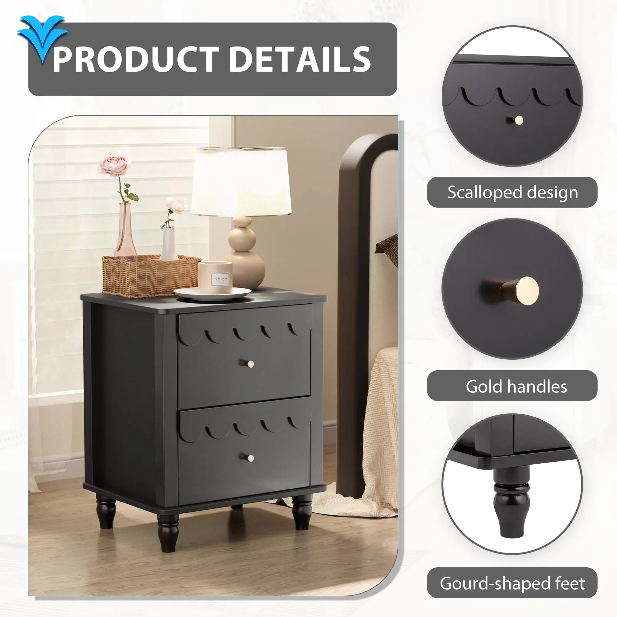 حامل ليلي حديث باللون الرمادي والأبيض والأسود مقاس 23.6 بوصة، طاولات بجانب السرير لغرفة النوم من MDF، منضدة خشبية فاخرة