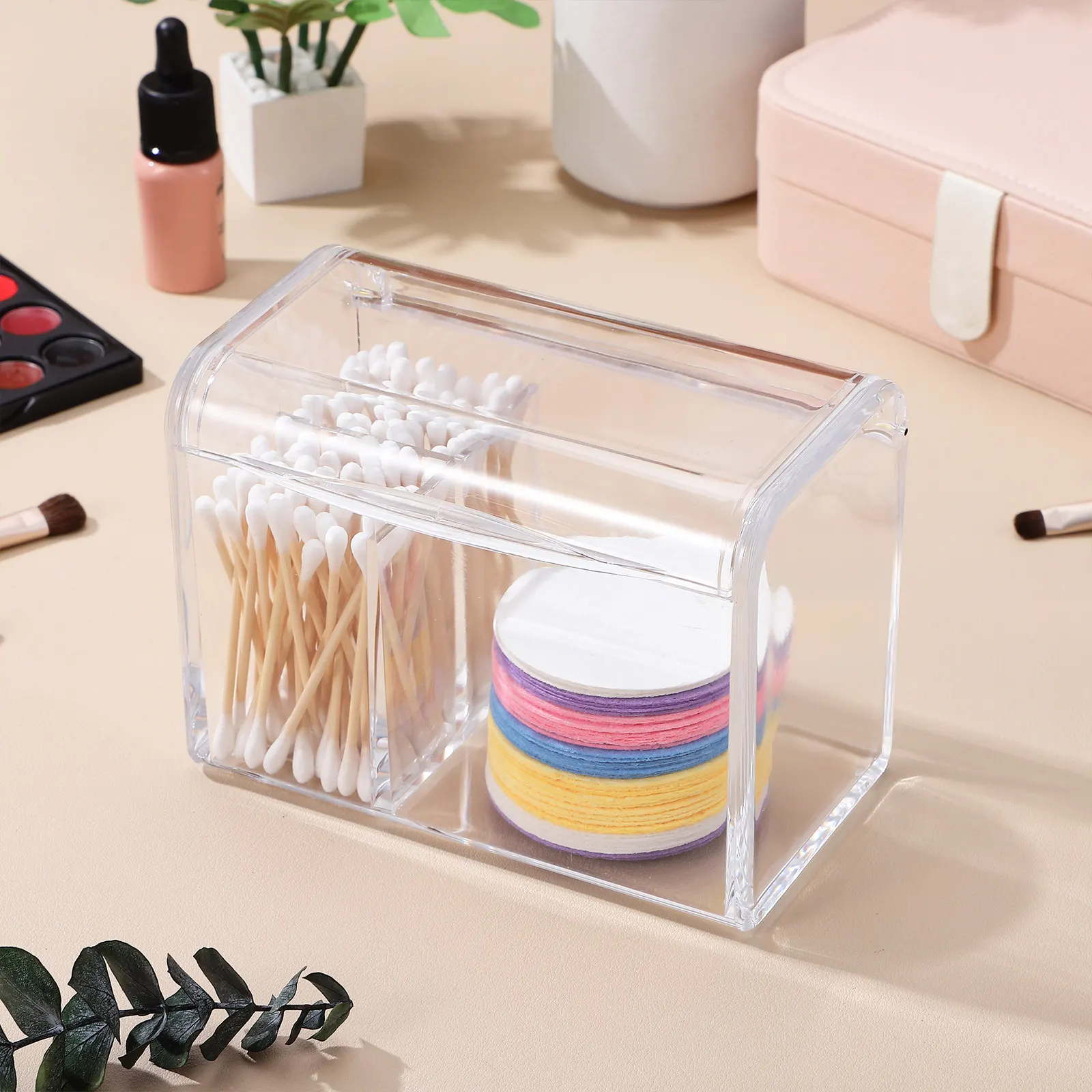 Cotton Swab Container Large Capacity Acrylic Double-Compartments Flip-Top Lid Cotton Pad Holder Clear Organizer Dispenser Box