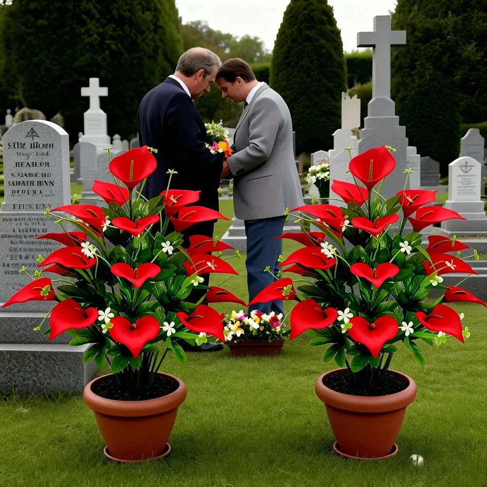 2 piezas de gladiolos artificiales realistas para exteriores, flores falsas con pétalos rojos y hojas verdes para decoración del hogar, cementerio, hotel