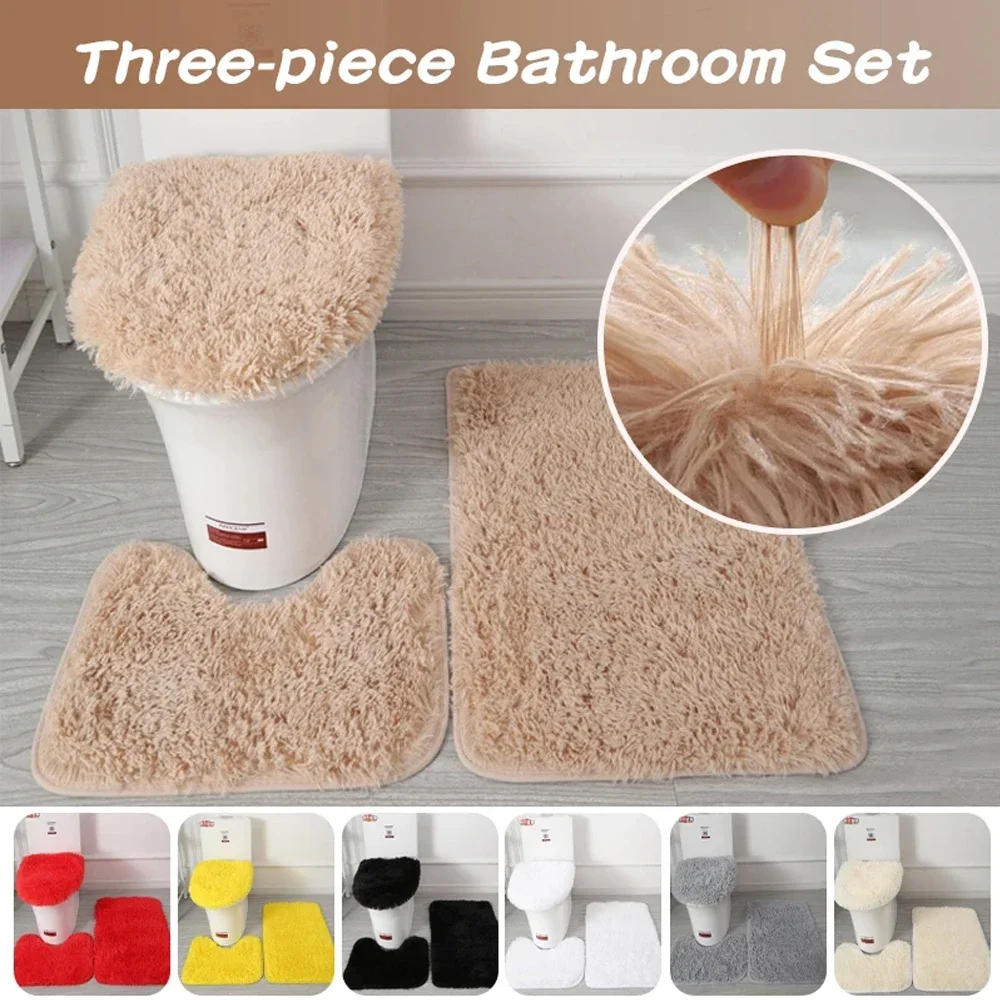 3PCS Fluffy Bath Mat Winter Soft Toilet Lid Cover Plush Mat Shower Carpet Nonslip Bathroom Accessories Tapa De Inodoro 변기 뚜껑 커버