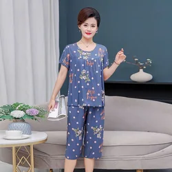 Middle Aged Mother Pajama Set For Women 2 Piece Set Outfit Summer Home Wear Loose Two-piece Suit Big Size Pyjama Pour Femme 4XL