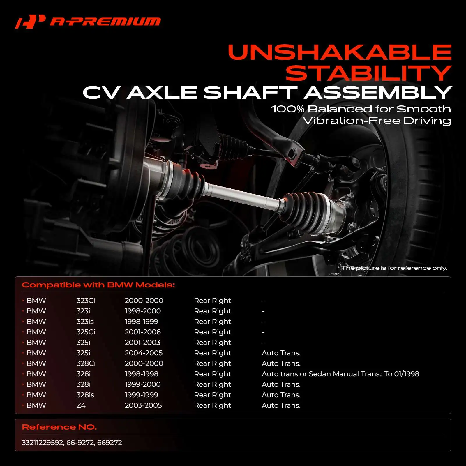 A-Premium Rear Passenger Side CV Axle Assembly for BMW 323i 328i 1998-2000 325i 2001-2005 323Ci 328Ci 2000 323is 1998-1999 325Ci