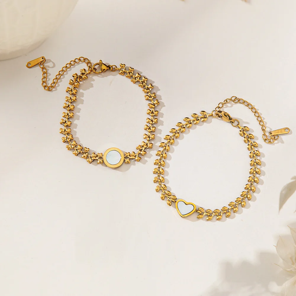 Reversible Women Bracelet, Original Niche 18K Gold Plated Titanium Steel Jewelry with Natural Round White MOP Shell