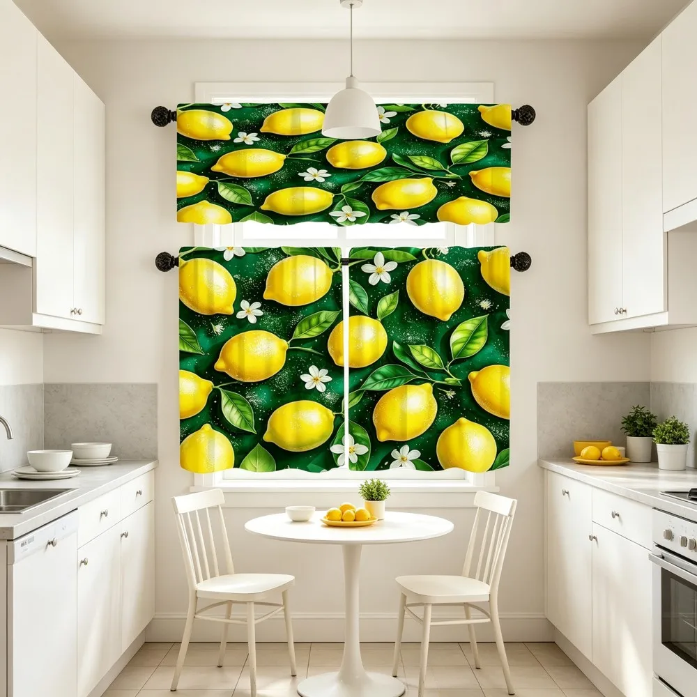 Floral Kitchen Curtains, Green Yellow Lemon Flower, Digital Print, Kitchen Dining Room, Rod Pocket Polyester, Home Decor