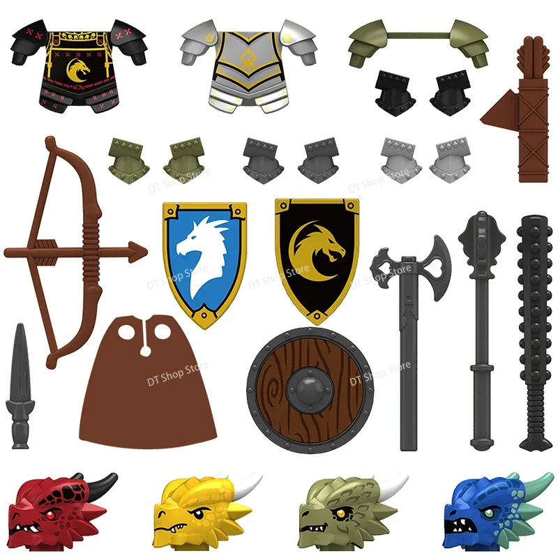 N833 MOC Średniowieczni Rycerze Nieumarli Rycerze Smoczy Model Klocki Konstrukcyjne Żołnierz Rzymski Hełm Topór Akcesoria Klocki DIY Zabawki dla Dzieci